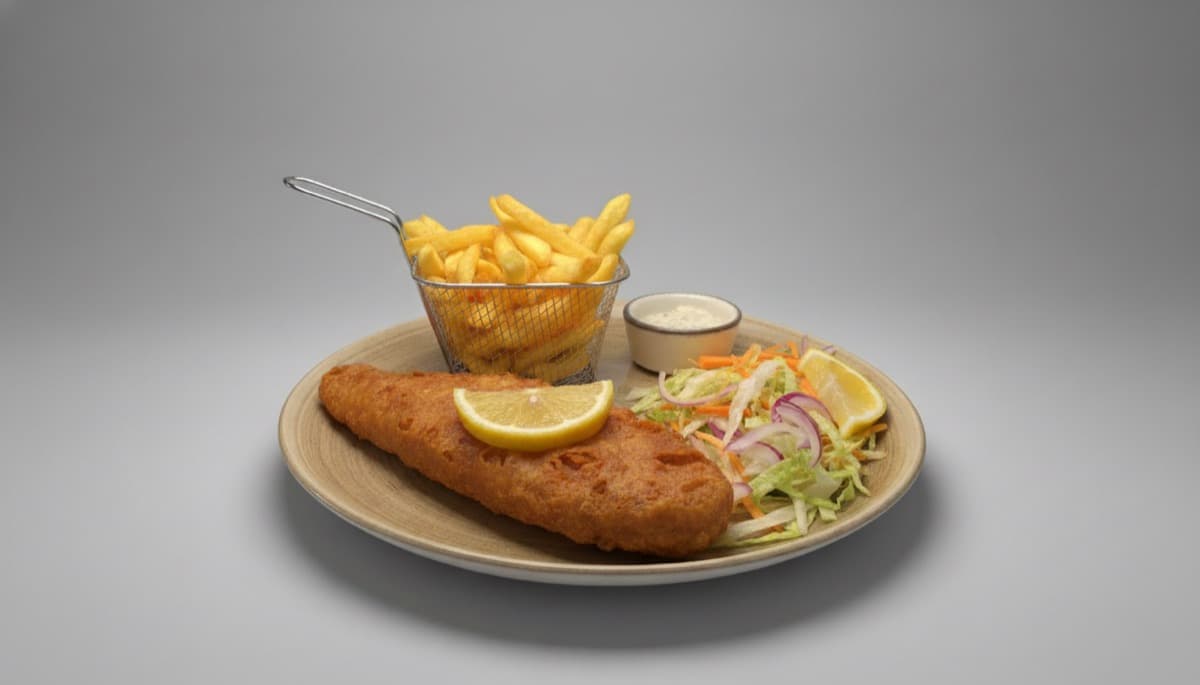 Battered fish with chips, salad, lemon and tartar sauce