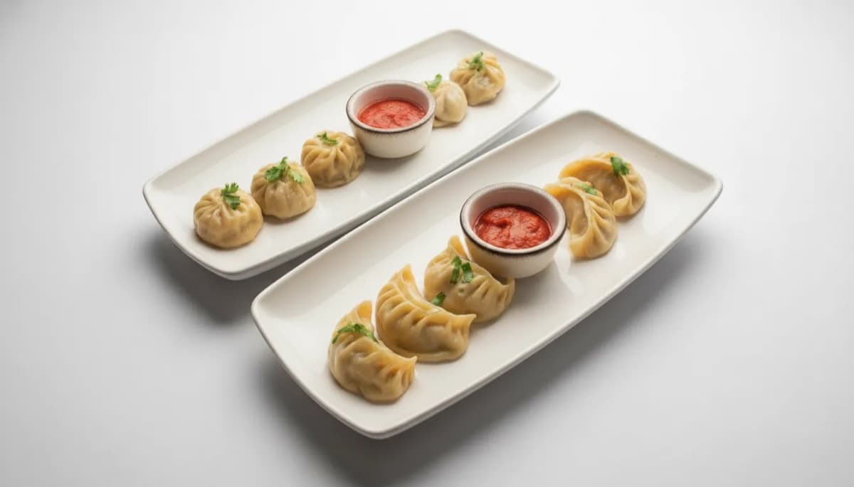 Two plates of momo dumplings with dipping sauce